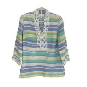 Peck & Peck | Tunic Multicolor Striped Linen w/ Trim Womens